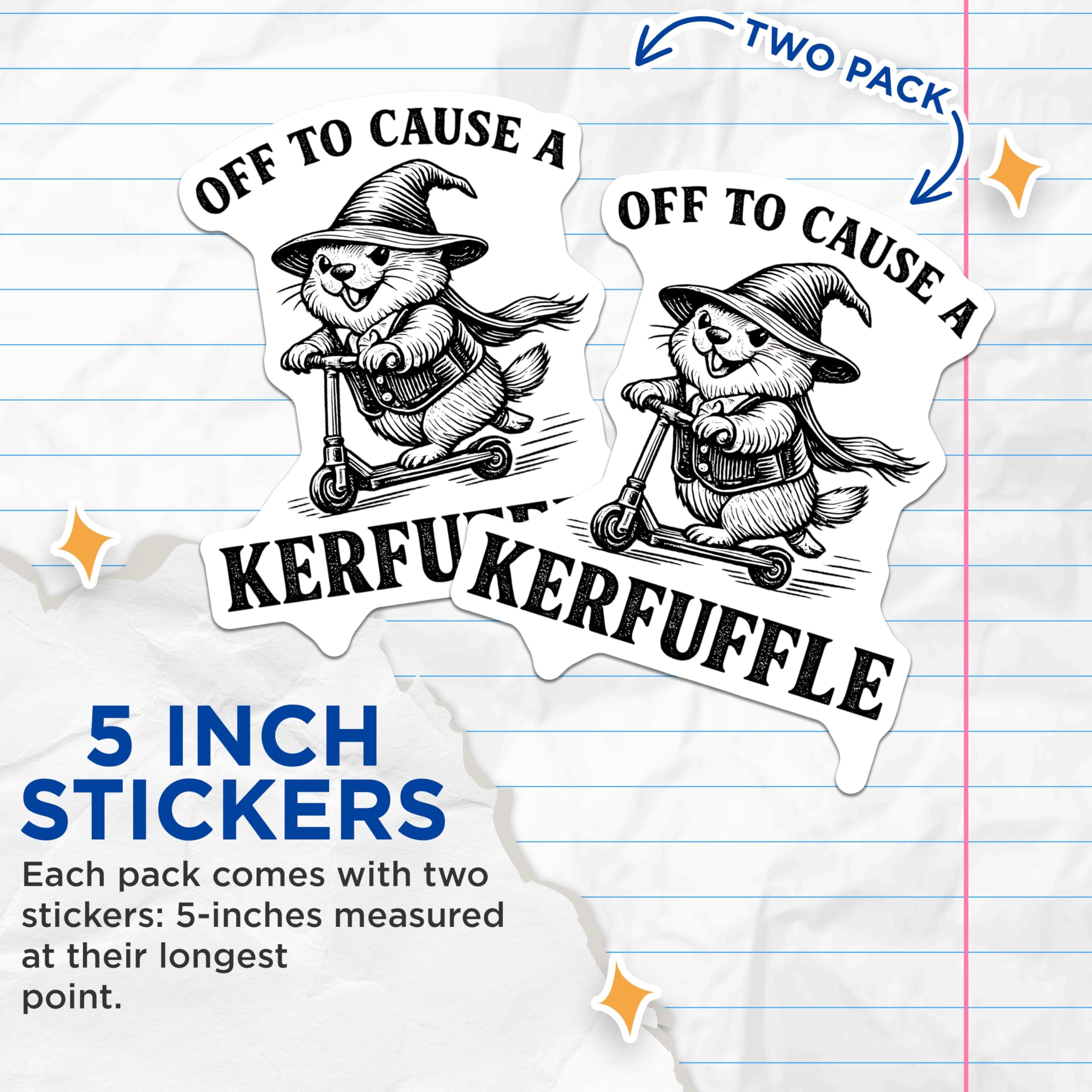 (2 Pack) Off to Cause a Kerfuffle Stickers - Mischievous Wizard Animal Decal - Funny Rodent Scooter Art - 5" On Longest Side - Sticks to Smooth Flat Surfaces - Made in USA - BMCS20346