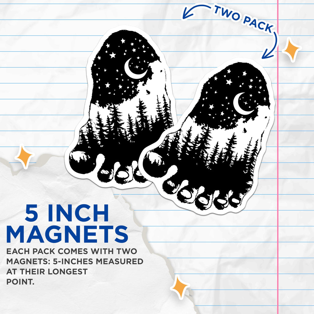 (2 Pack) Bigfoot Foot Magnets - Forest Night Sky - Cryptid Creature Decor - 5 Inches On Longest Side - Thick Durable Magnet - Made in USA - MAG21056
