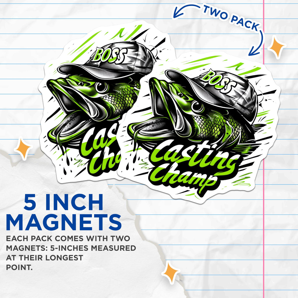 (2 Pack) Fishing Hobby Magnets - Casting Champ Magnets - Fishing Enthusiast - 5" On Longest Side - for Cars, Refrigerators, Toolboxes, Lockers - Made in USA BMCS3377