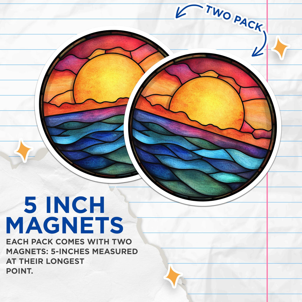 (2 Pack) Stained Glass Sunset Magnets - Ocean Wave Fridge Decor - Boho Beach Aesthetic Art - 5 Inches On Longest Side - Thick Durable Magnet - Made in USA - MAG25862