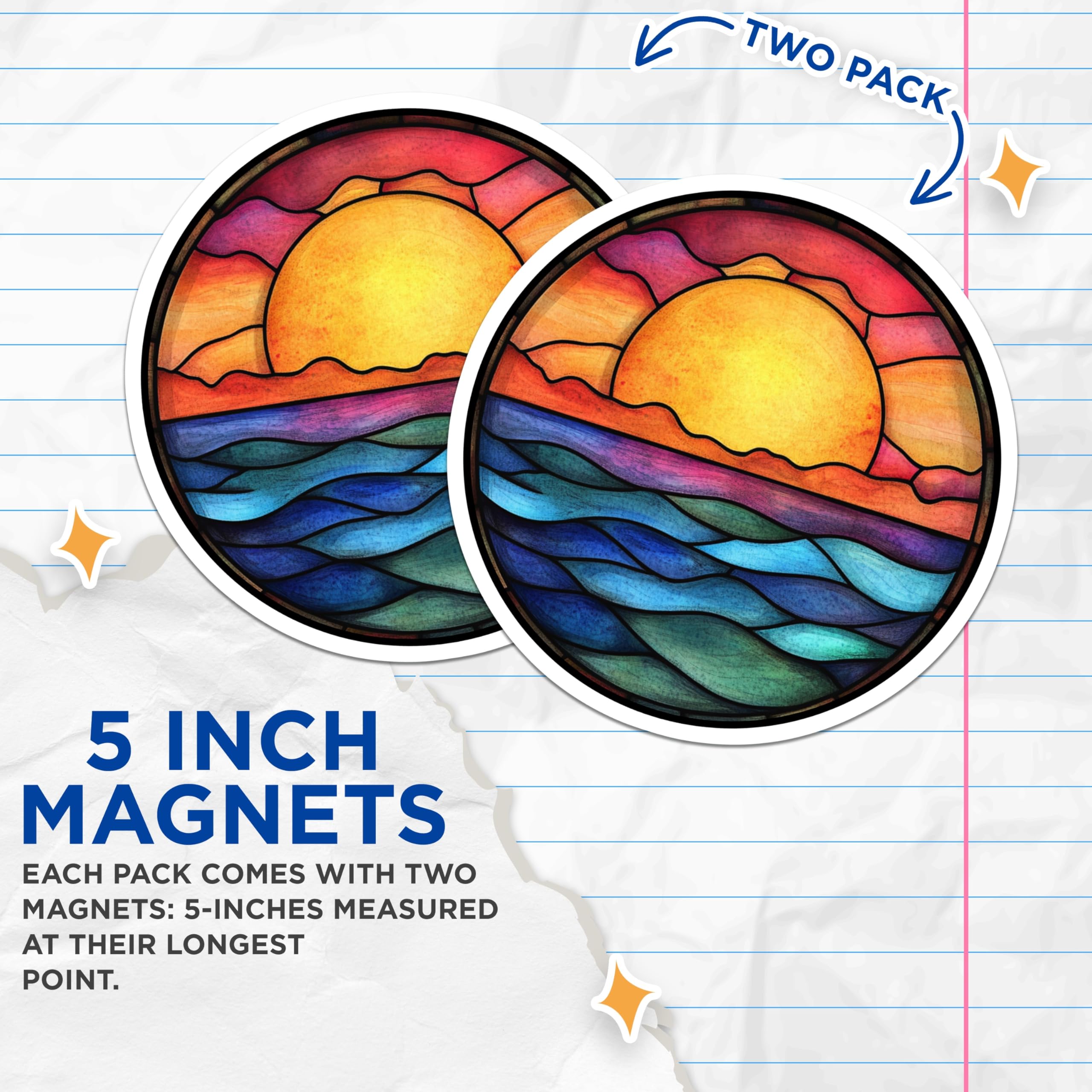 (2 Pack) Stained Glass Sunset Magnets - Ocean Wave Fridge Decor - Boho Beach Aesthetic Art - 5 Inches On Longest Side - Thick Durable Magnet - Made in USA - MAG25862