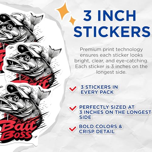 (3 Pack) Bass Fishing Decals - Bait Boss Decal - Laptop Decals - 3 Inches On Longest Side - Easy Peel & Apply - Made in USA - 3MCS2132