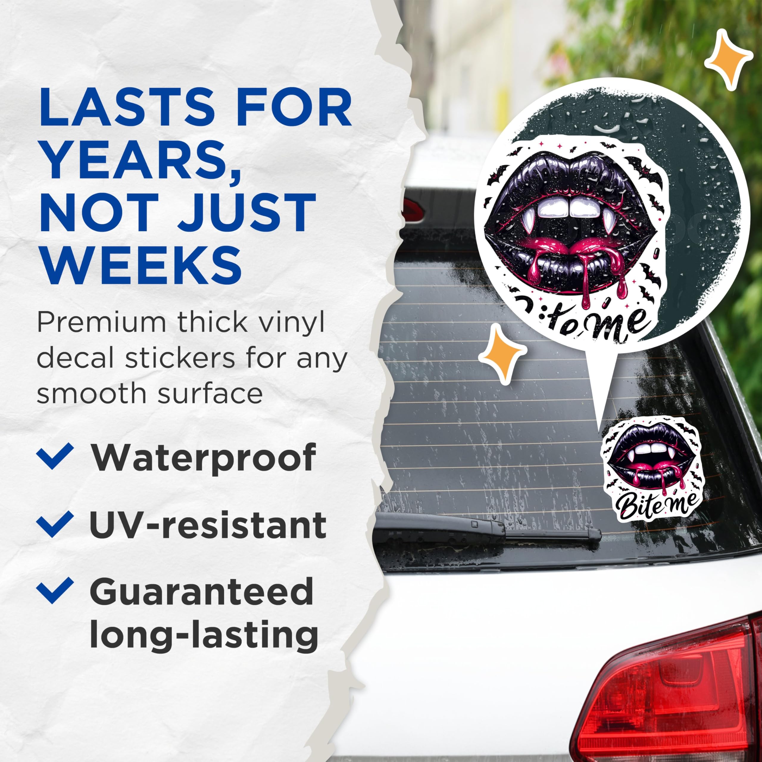 (2 Pack) Bite Me Stickers - Vampire Lips - Spooky Halloween Stickers - 5" On Longest Side - Sticks to Smooth Flat Surfaces - Made in USA - BMCS6100