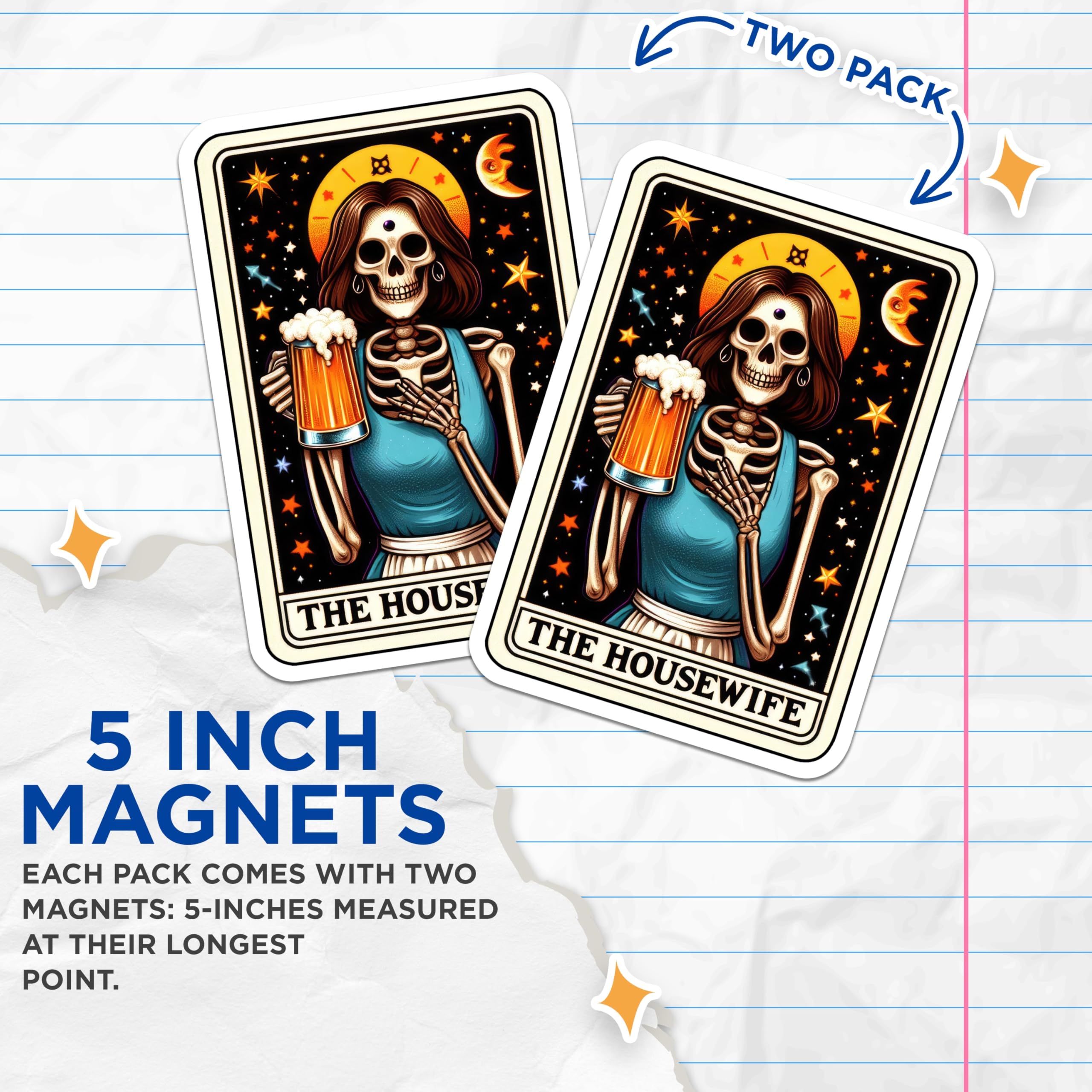 (2 Pack) Housewife Skeleton Magnets - Funny Beer Goth Mom - Spooky Tarot Card Kitchen Decor for Women - 5 Inches On Longest Side - Thick Durable Magnet - Made in USA - MAG28725