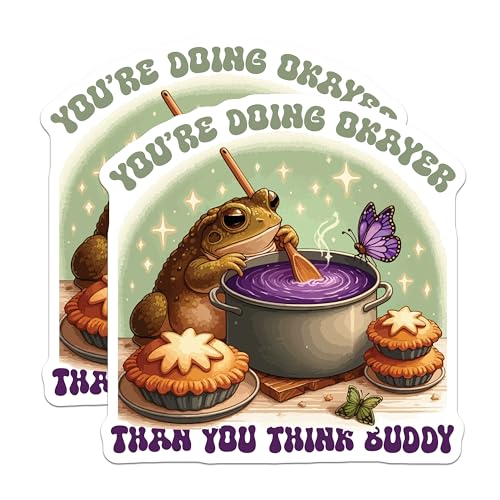 (2 Pack) Encouraging Frog Stickers - Animal Cooking - Inspirational Quotes - 5" On Longest Side - Sticks to Smooth Flat Surfaces - Made in USA - BMCS5948