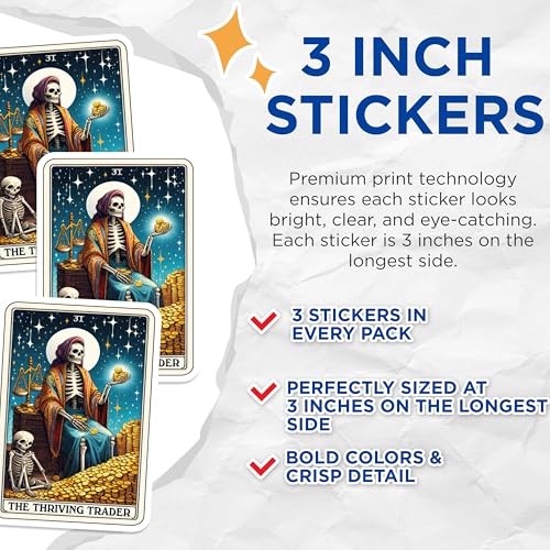 (3 Pack) Thriving Trader Decals - Skeleton Tarot Card - Laptop Decal - 3 Inches On Longest Side - Easy Peel & Apply - Made in USA - 3MCS4278