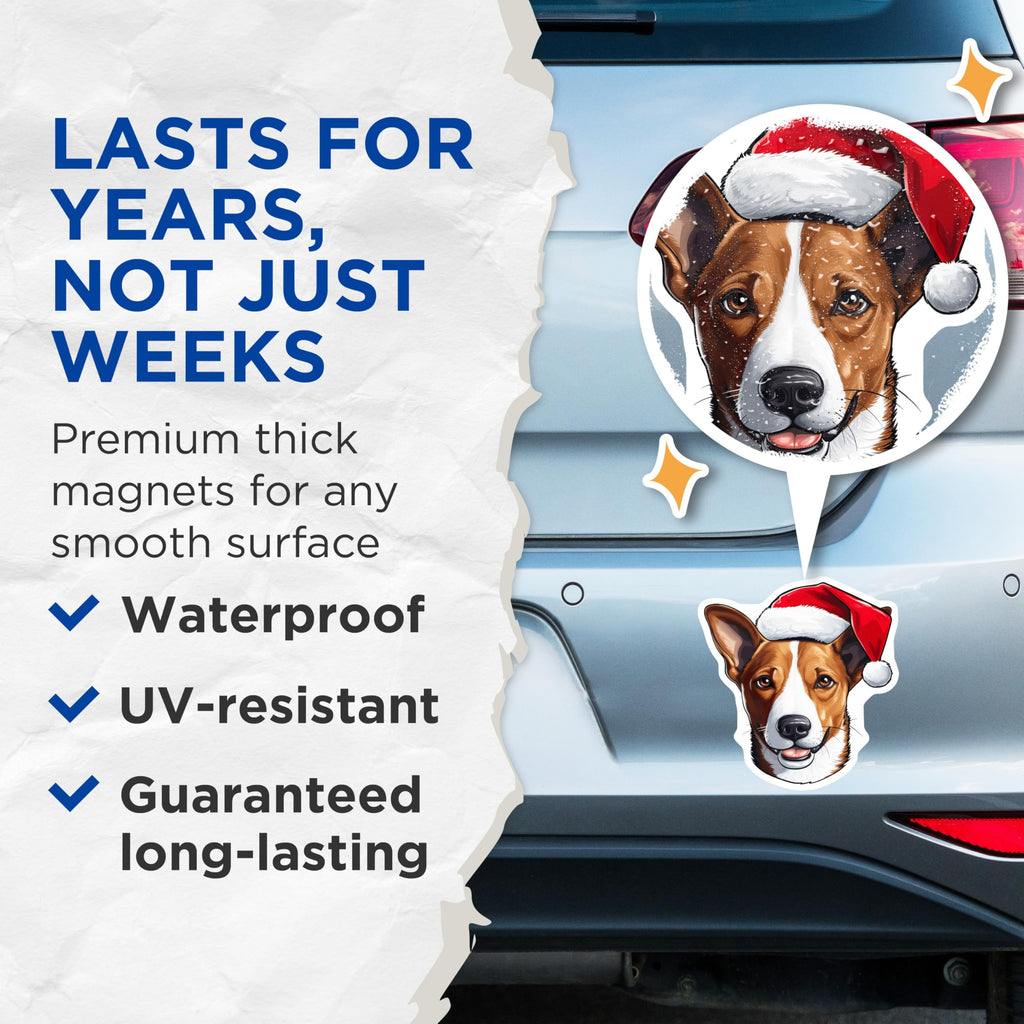 (2 Pack) Christmas Dog Magnets - Santa Hat Basenji Magnets - Festive Holiday Pet Decor - Animal Lover Collectibles - 5 Inches On Longest Side - Thick Durable Magnet - Made in USA - MAG23970
