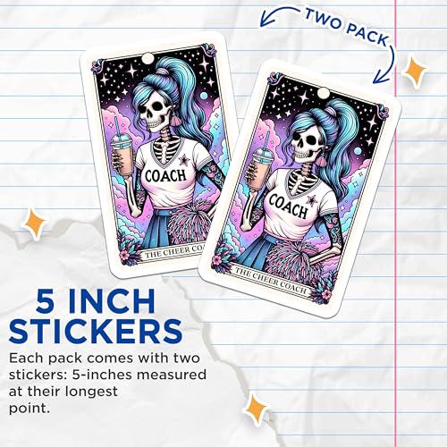 (2 Pack) Cheer Coach Skeleton Stickers - Funny Cheerleader Sticker - Halloween Cheer Coach Decal - 5" On Longest Side - Sticks to Smooth Flat Surfaces - Made in USA - BMCS4809