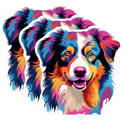 (3 Pack) Australian Shepherd Decals - Colorful Dog - Laptop Decals - 3 Inches On Longest Side - Easy Peel & Apply - Made in USA - 3MCS0635