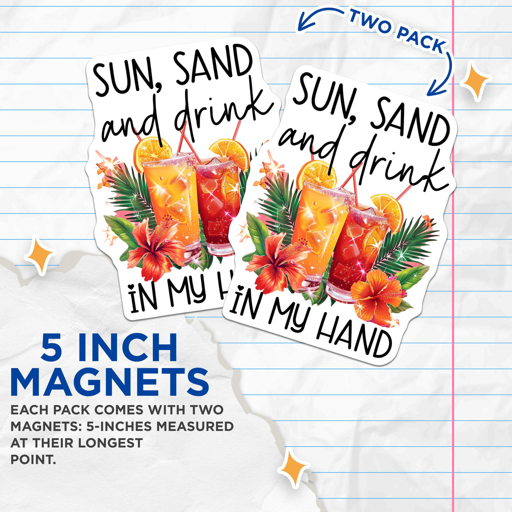 (2 Pack) Sun Sand Drink Magnets - Summer Tropical Decor - Vacation Mode Vibes for Fridge - 5 Inches On Longest Side - Thick Durable Magnet - Made in USA - MAG36640
