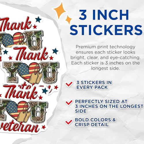 (3 Pack) Thank You Veteran Decals - Patriotic Decal - Military Appreciation - 3 Inches On Longest Side - Easy Peel & Apply - Made in USA - 3MCS7130