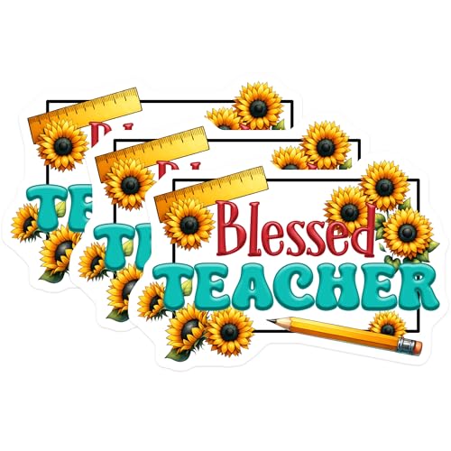 (3 Pack) Blessed Teacher Decals - Sunflower Teacher - School Decals - 3 Inches On Longest Side - Easy Peel & Apply - Made in USA - 3MCS6804
