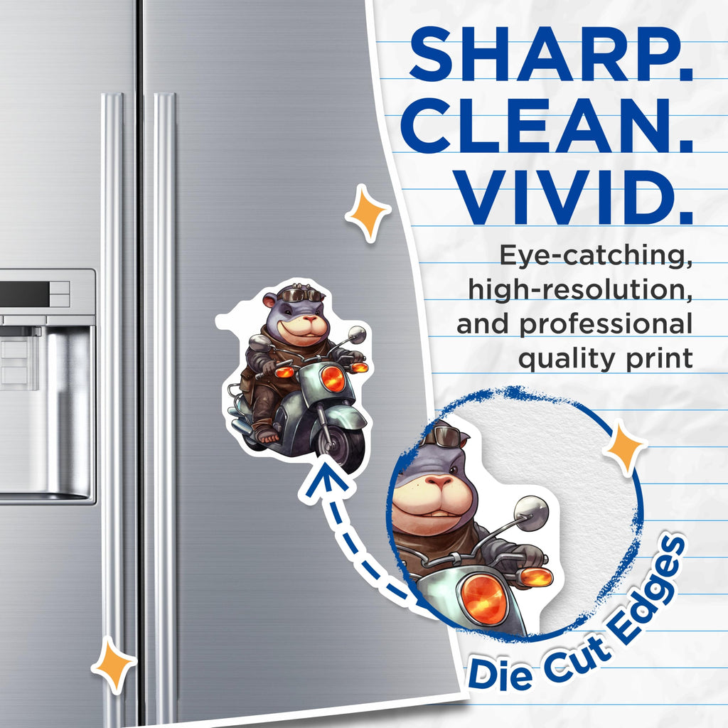 (2 Pack) Hippo on Scooter Magnets - Animal Lover Home Decor - Cartoon Biker Magnets - 5" On Longest Side - Premium Magnet - for Cars, Refrigerators, Toolboxes, Lockers - Made in USA - MAG16789