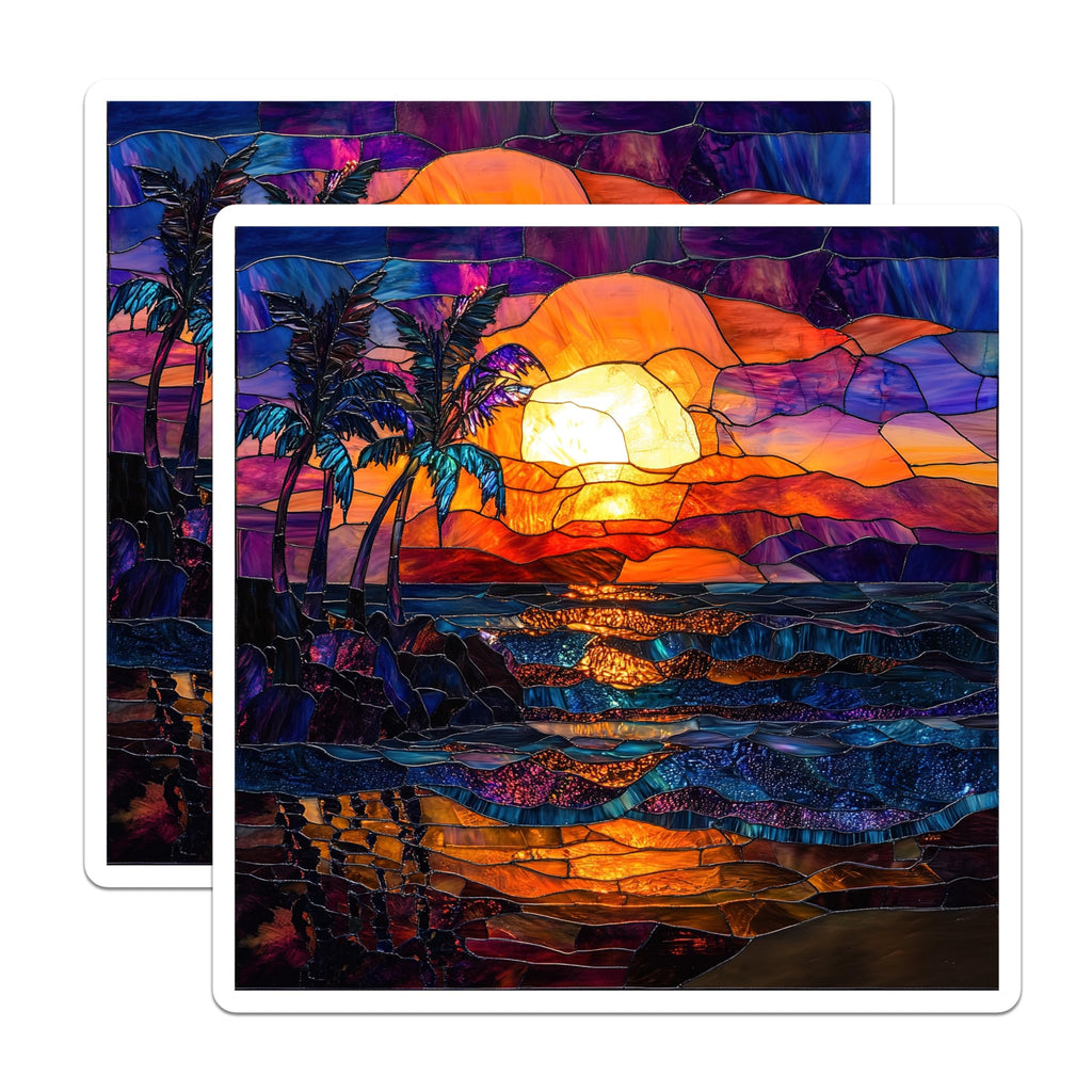 (2 Pack) Tropical Sunset Magnets - Stained Glass Palm Tree - Beach Ocean Refrigerator Art - 5 Inches On Longest Side - Thick Durable Magnet - Made in USA - MAG29917