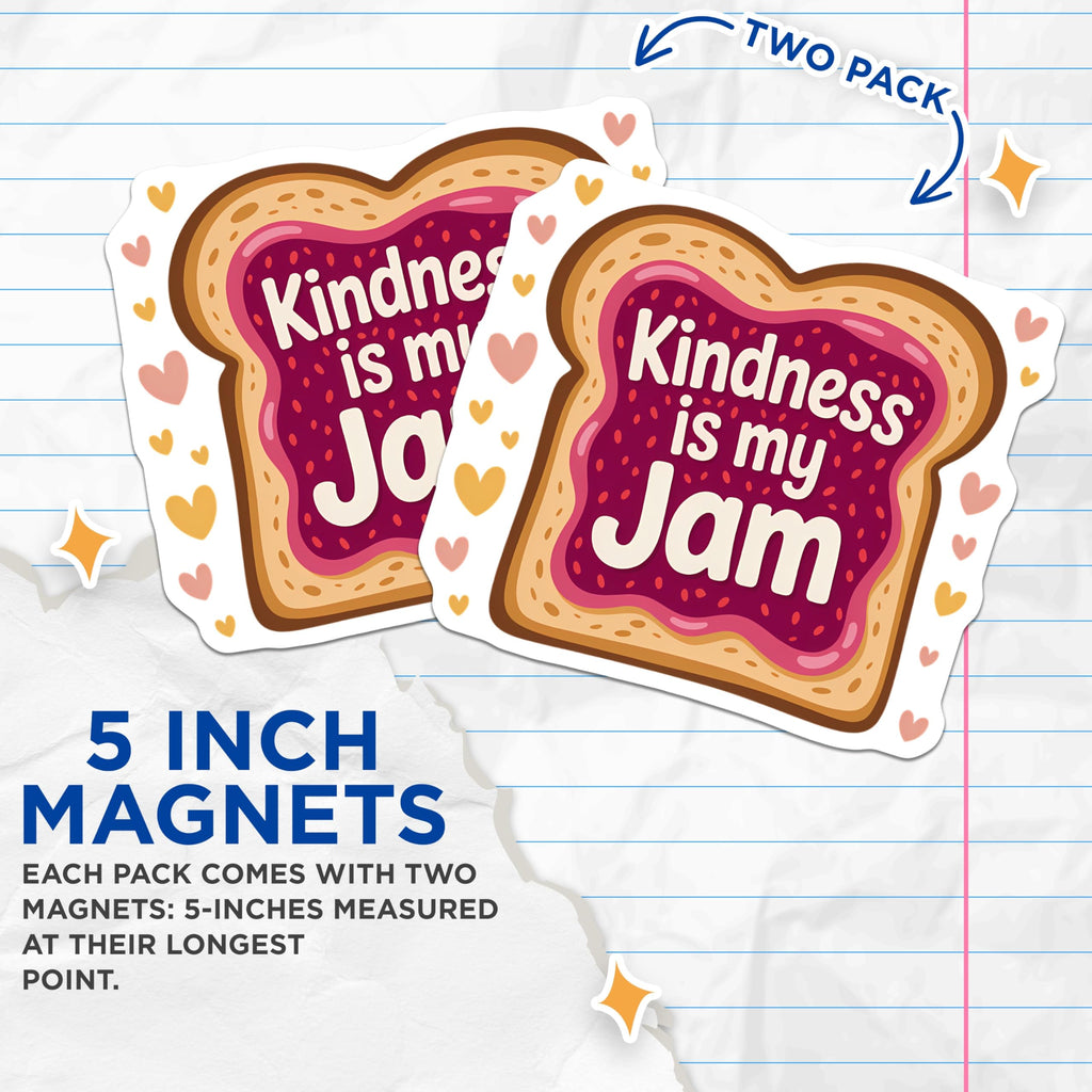 (2 Pack) Kindness is My Jam Magnets - Fun Bread Toast Art Design - Motivational Kitchen Refrigerator Locker Decor - 5 Inches On Longest Side - Thick Durable Magnet - Made in USA - MAG20674
