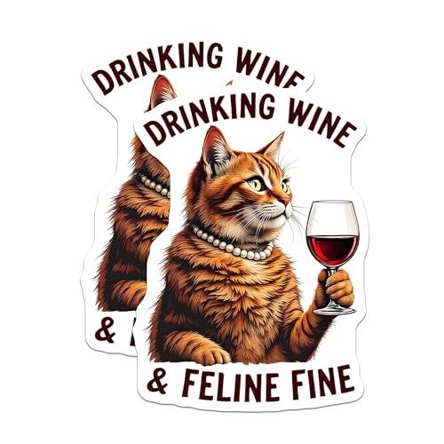 (2 Pack) Drinking Wine and Feline Fine Stickers - Funny Cat Stickers - Wine Lover Stickers - 5" On Longest Side - Sticks to Smooth Flat Surfaces - Made in USA - BMCS4631