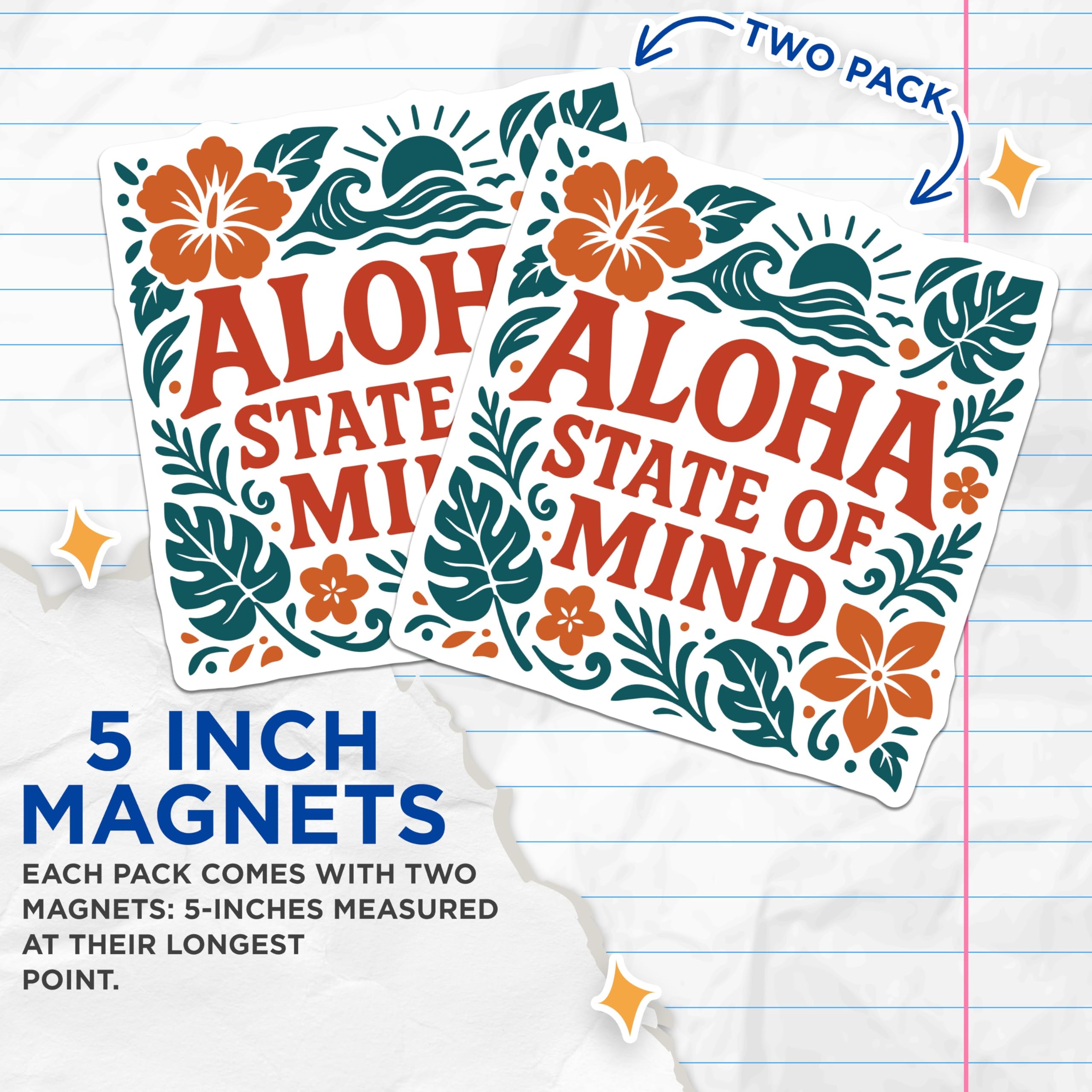 (2 Pack) Aloha State of Mind Magnets - Tropical Hawaiian Island Vibes Decor - Refrigerator Locker Accessory - 5 Inches On Longest Side - Thick Durable Magnet - Made in USA - MAG19542
