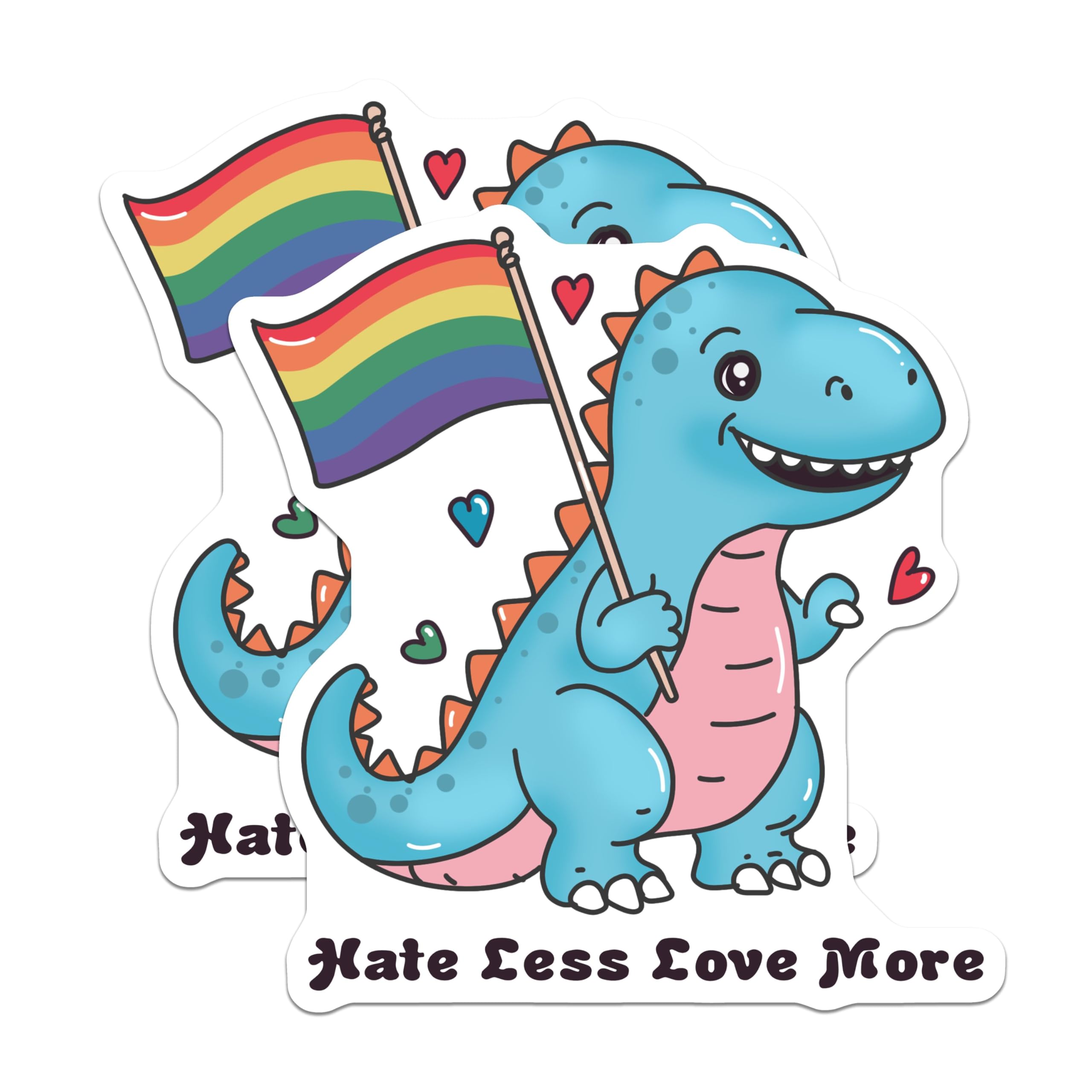 (2 Pack) Dinosaur Hate Less Love More Stickers - LGBTQ Pride - Cute Dino Stickers - 5" On Longest Side - Sticks to Smooth Flat Surfaces - Made in USA - BMCS5855