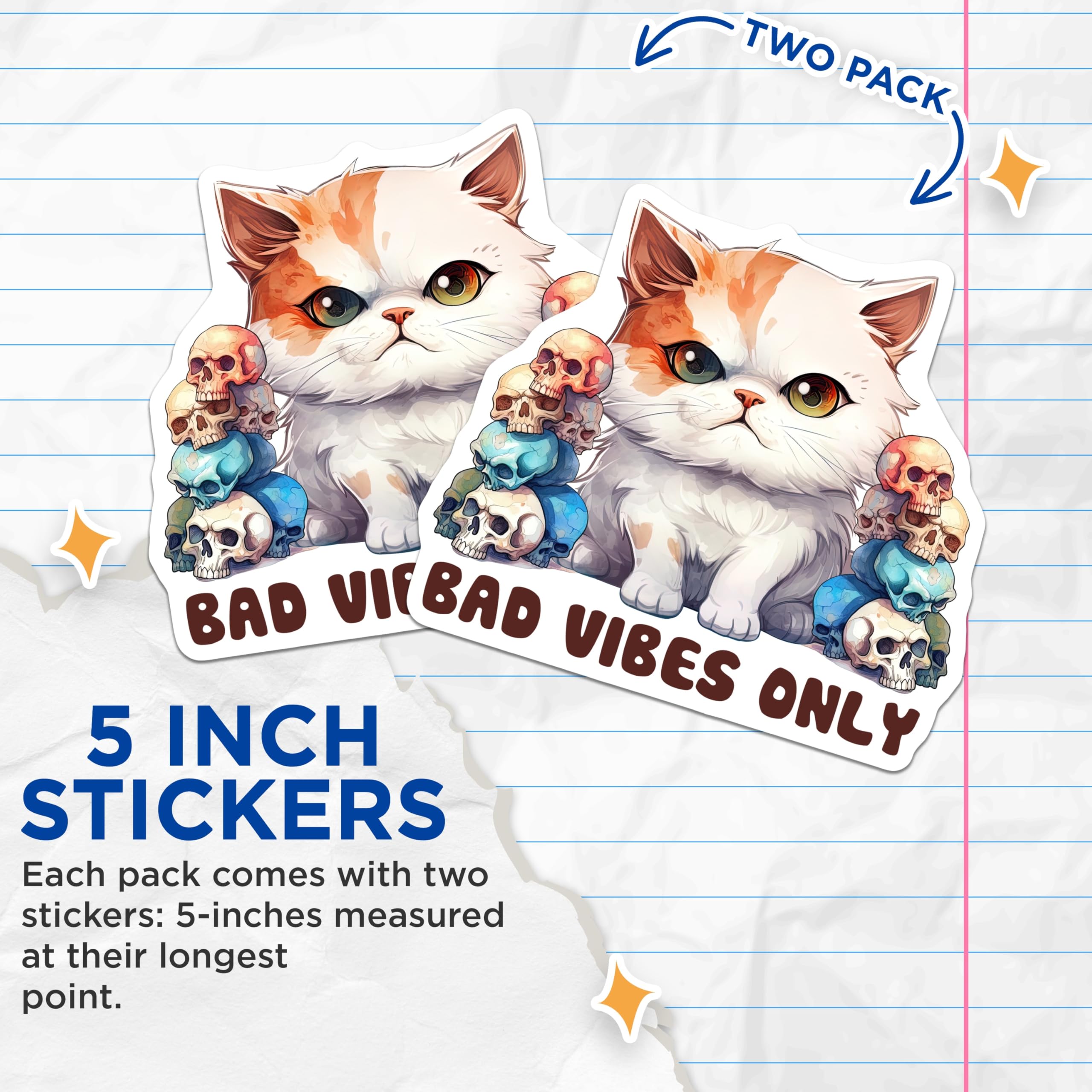 (2 Pack) Bad Vibes Cat Stickers - Skull Kitty Decal - Funny Feline Meme - 5" On Longest Side - Sticks to Smooth Flat Surfaces - Made in USA - BMCS15273