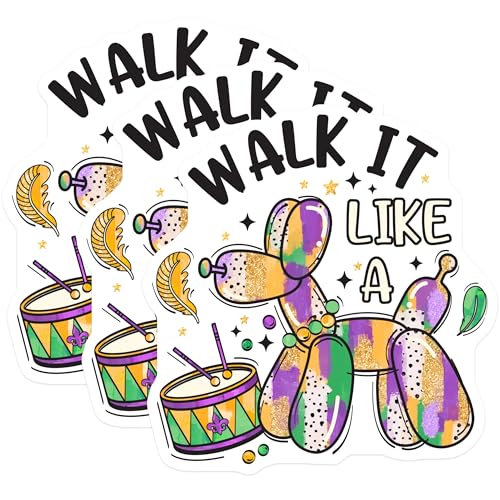 (3 Pack) Walk It Like A Dog Decals - Mardi Gras Puppy - Celebration Laptop Decals- 3 Inches On Longest Side - Easy Peel & Apply - Made in USA - 3MCS5146