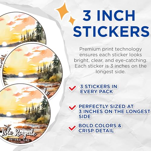 (3 Pack) Isle Royale Decals - National Park Stickers - Lake Sunset Decal - 3 Inches On Longest Side - Easy Peel & Apply - Made in USA - 3MCS0472