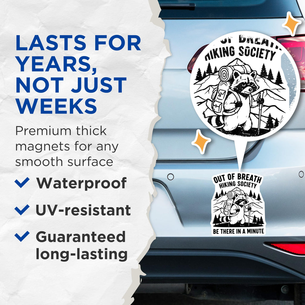 (2 Pack) Hiking Society Magnets - Raccoon Hiker Decor - Funny Animal Fridge Magnets - 5" On Longest Side - Premium Magnet - for Cars, Refrigerators, Toolboxes, Lockers - Made in USA - MAG14080