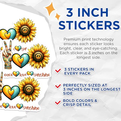 (3 Pack) Peace Love Decals - Sunflower Decals - Hippie Vibes - 3 Inches On Longest Side - Easy Peel & Apply - Made in USA - 3MCS6742