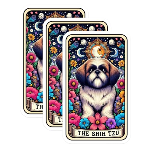 (3 Pack) Shih Tzu Decals - Tarot Card Sticker - Bohemian Laptop Decal - 3 Inches On Longest Side - Easy Peel & Apply - Made in USA - 3MCS4074