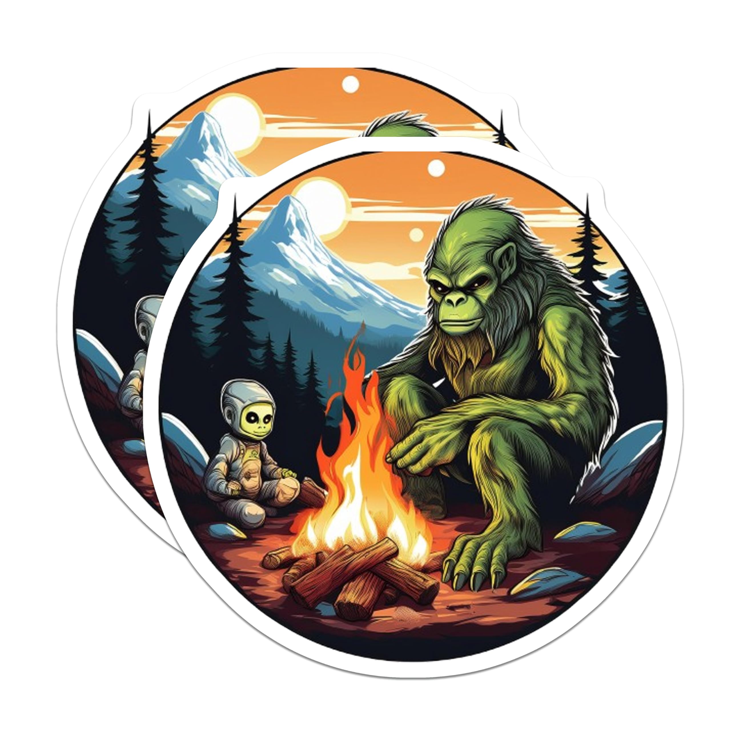(2 Pack) Bigfoot Alien Magnets - Cozy Campfire Mountain Scene - Mythical Cryptid Forest Camping Decor - 5 Inches On Longest Side - Thick Durable Magnet - Made in USA - MAG22109