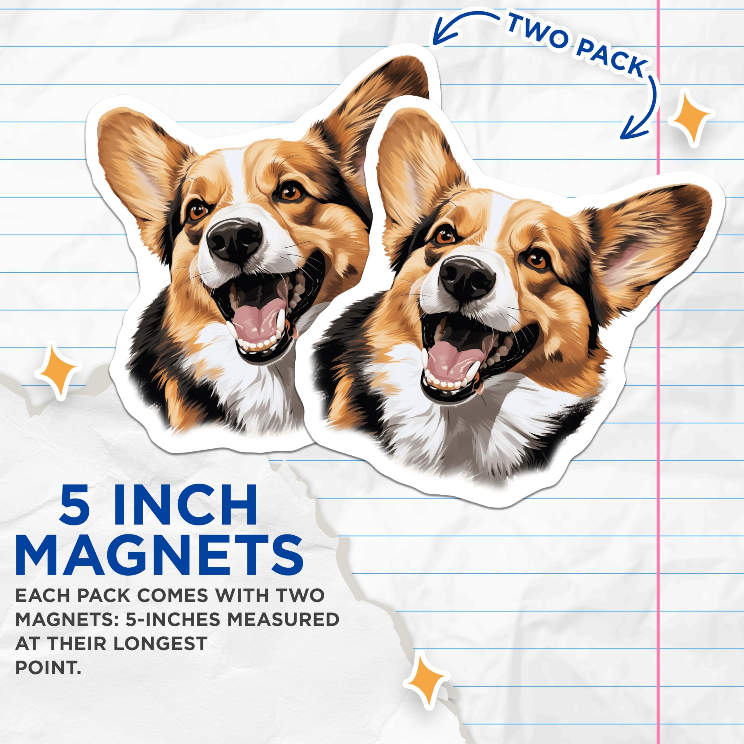(2 Pack) Corgi Dog Magnets - Happy Smiling Puppy Fridge Decor - Pet Animal Lover Accessory - 5 Inches On Longest Side - Thick Durable Magnet - Made in USA - MAG24278