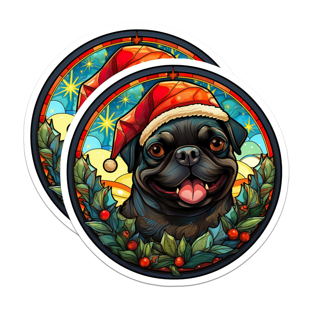 (2 Pack) Christmas Pug Magnets - Stained Glass Pet Decor - Holiday Dog Fridge Accessory - 5 Inches On Longest Side - Thick Durable Magnet - Made in USA - MAG30305
