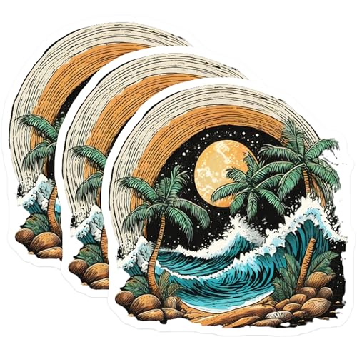 (3 Pack) Beach Scenery Decals - Palm Tree Stickers - Ocean Wave Decals - 3 Inches On Longest Side - Easy Peel & Apply - Made in USA - 3MCS8025