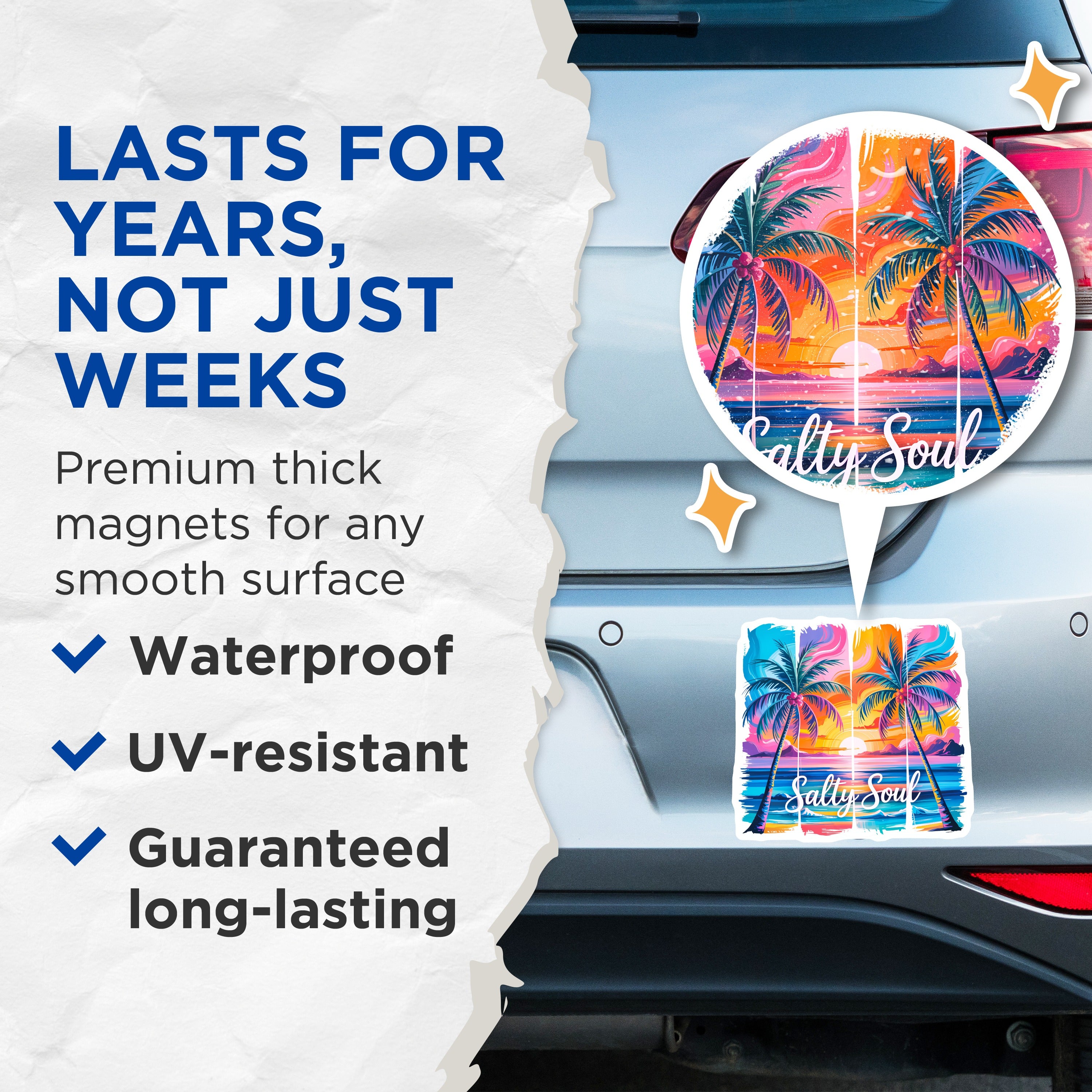 (2 Pack) Salty Soul Magnets - Tropical Beach Sunset - Palm Tree Ocean Art - Summer Vacation Decor - 5 Inches On Longest Side - Thick Durable Magnet - Made in USA - MAG36919
