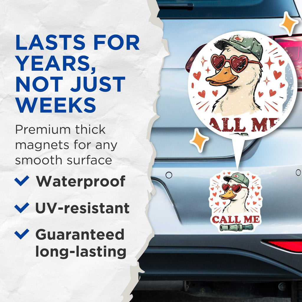 (2 Pack) Call Me Duck Magnets - Funny Duck Hunter - Heart Glasses Duck Design Magnets - 5" On Longest Side - Premium Magnet - for Cars, Refrigerators, Toolboxes, Lockers - Made in USA - MAG14513