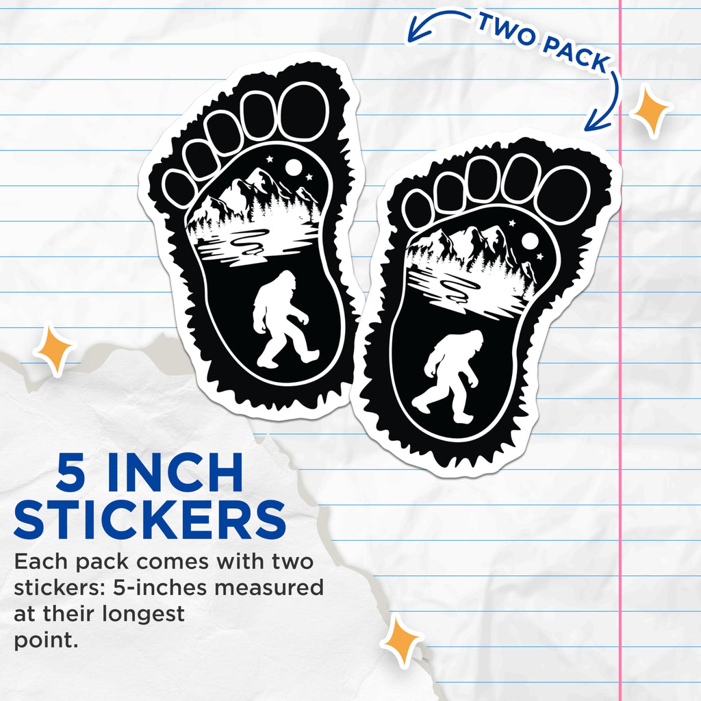 (2 Pack) Bigfoot Footprint Stickers - Sasquatch Mountain Forest Nature Scene - Cryptid Outdoors Exploration Adventure - 5" On Longest Side - Sticks to Smooth Flat Surfaces - Made in USA - BMCS20976