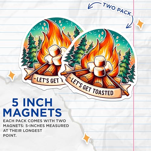 (2 Pack) Let's Get Toasted Magnets - Campfire Magnets - Marshmallow Magnets - Outdoor Adventure Magnets - 5" On Longest Side - for Cars, Fridges, Toolboxes - Made in USA - MAG7020