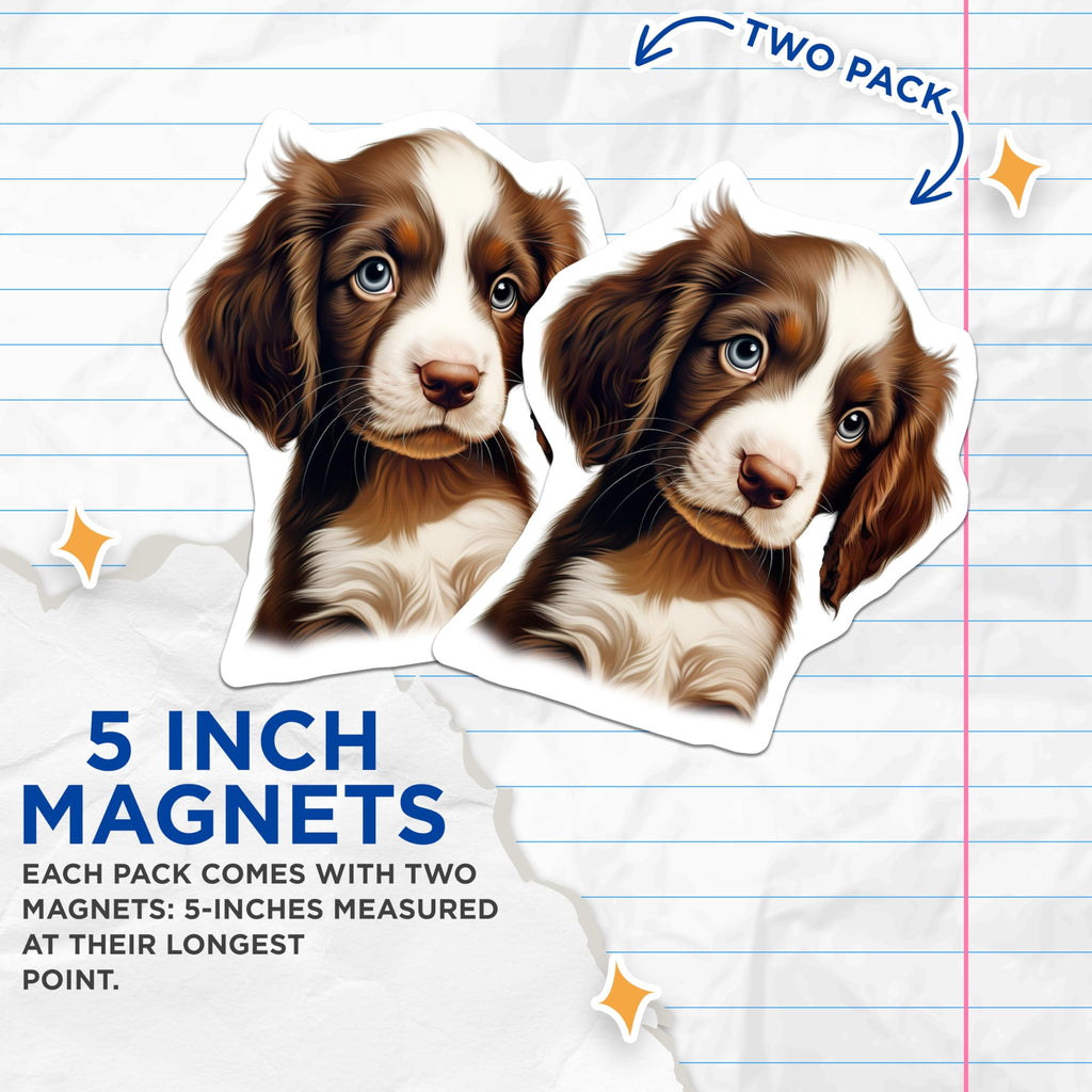 (2 Pack) Adorable Puppy Magnets - Brown White Dog Decor - Cute Blue Eyed Canine Artwork - 5 Inches On Longest Side - Thick Durable Magnet - Made in USA - MAG24848