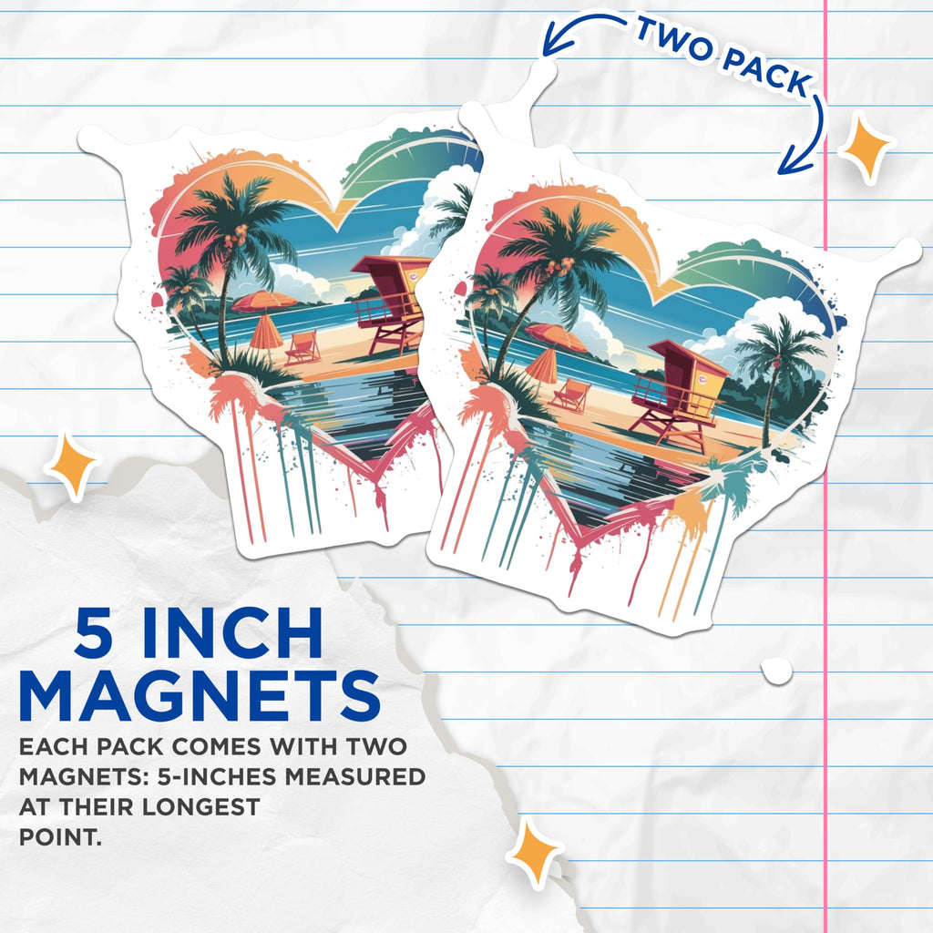 (2 Pack) Tropical Beach Magnets - Retro Sunset Ocean Scene - Aesthetic Vacation Vibe - Refrigerator Decoration - 5 Inches On Longest Side - Thick Durable Magnet - Made in USA - MAG27992