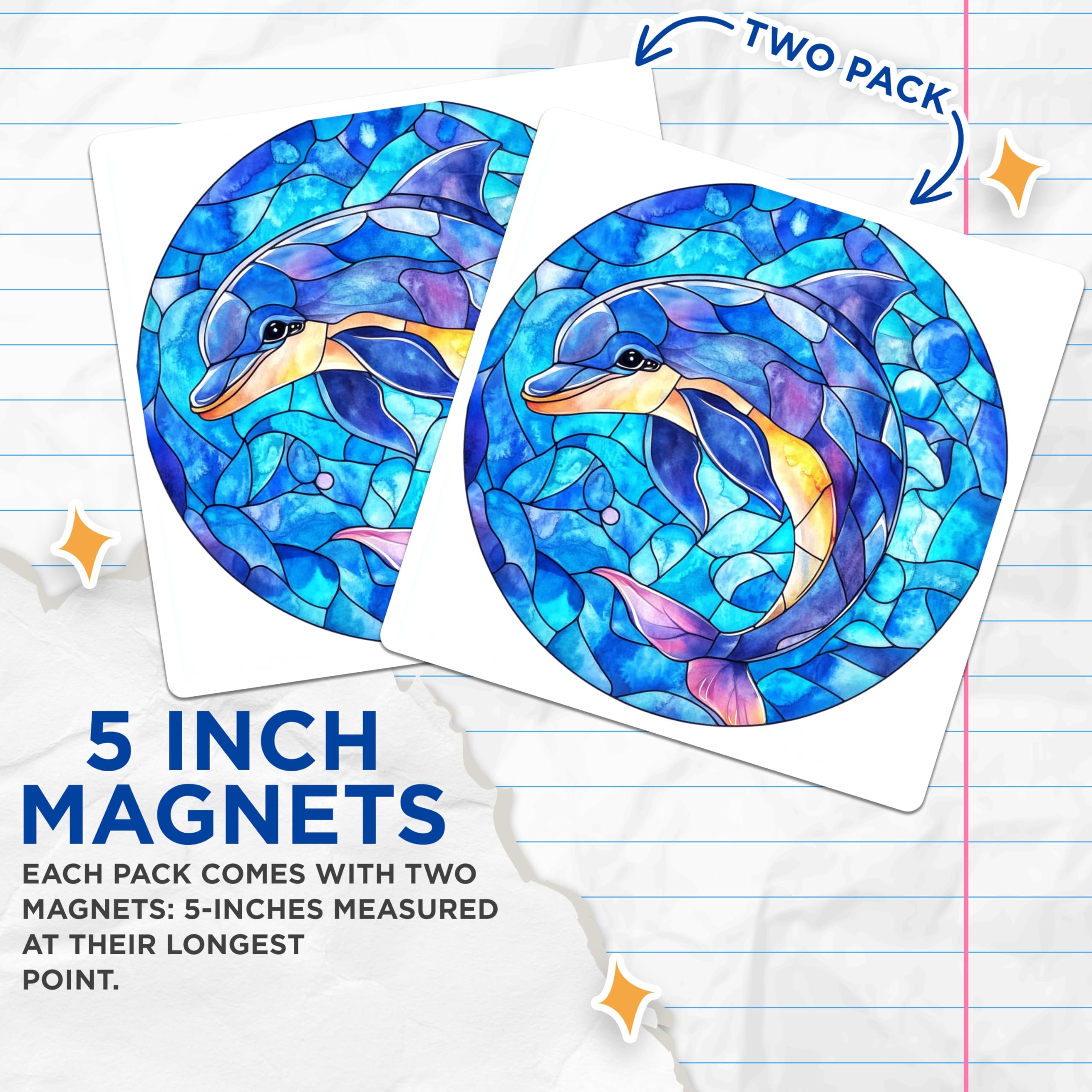 (2 Pack) Dolphin Stained Glass Magnets - Ocean Watercolor Art - Marine Animal Decor - 5 Inches On Longest Side - Thick Durable Magnet - Made in USA - MAG26039