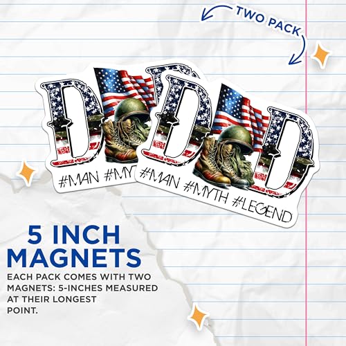 (2 Pack) Dad Man Myth Legend Magnets - Patriotic Veteran Magnets - Military Appreciation Dad Magnets - 5" On Longest Side - for Cars, Refrigerators, Toolboxes, Lockers - Made in USA BMCS3237
