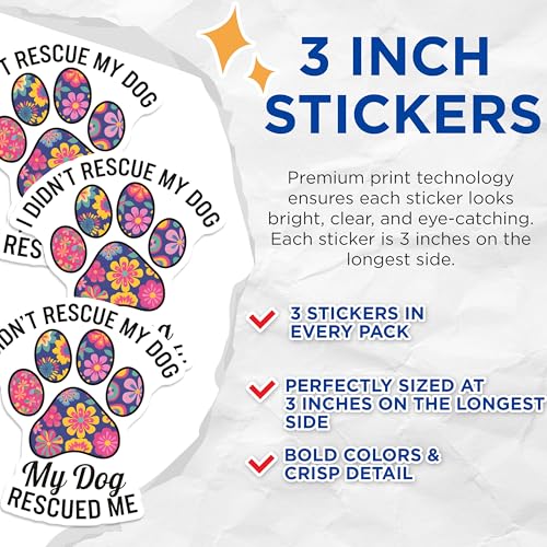 (3 Pack) Dog Rescue Decals - Floral Paw Print - Laptop Car Decals- 3 Inches On Longest Side - Easy Peel & Apply - Made in USA - 3MCS5908