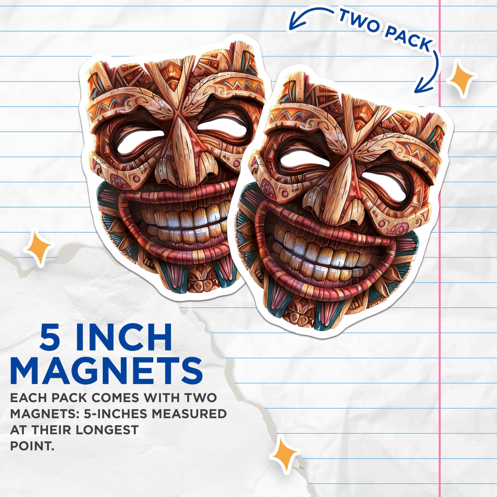 (2 Pack) Tiki Mask Magnets - Polynesian Tribal Art Decor - Hawaiian Island Vibe - Tropical Refrigerator Locker Accent - 5 Inches On Longest Side - Thick Durable Magnet - Made in USA - MAG21347