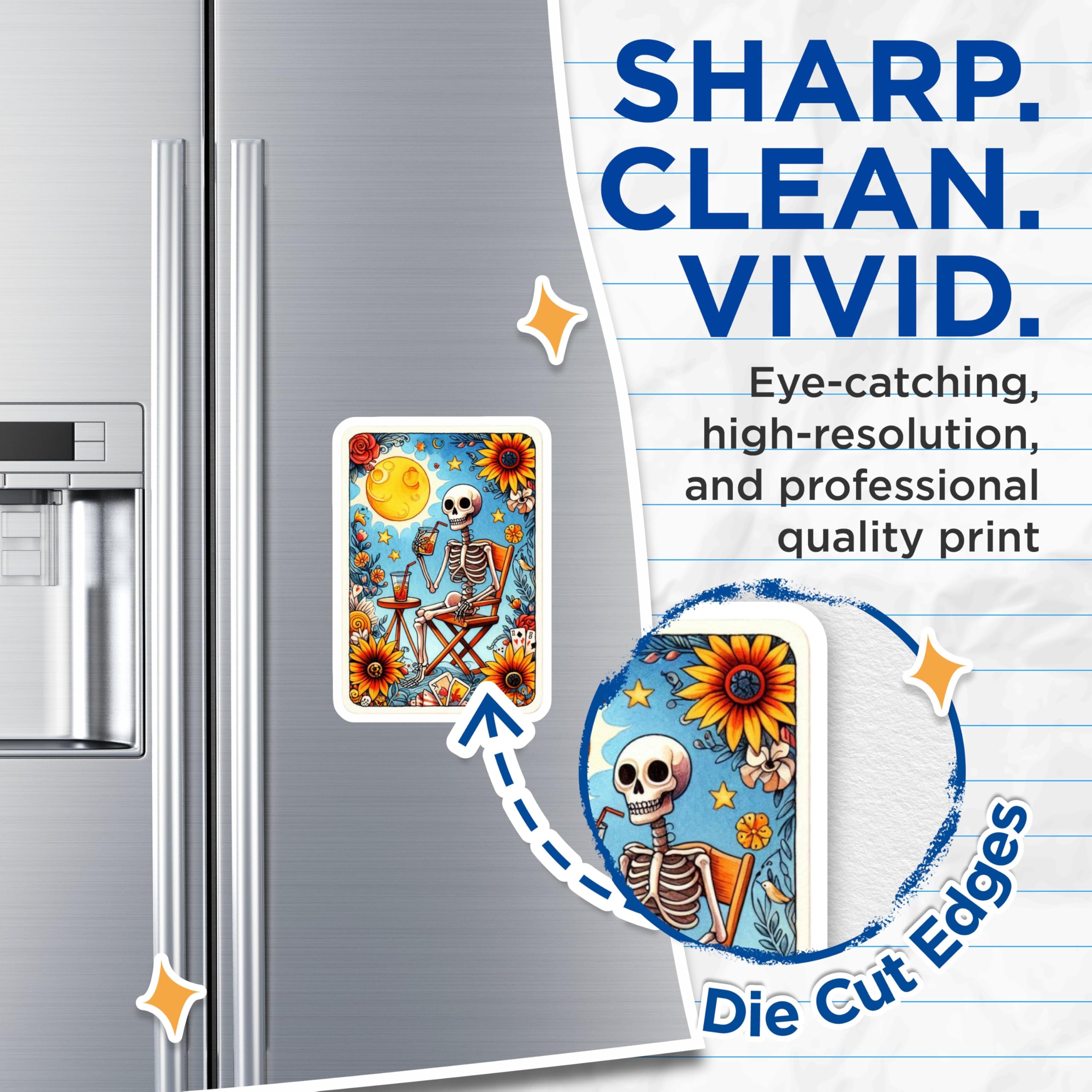 (2 Pack) Relaxing Skeleton Magnets - Summer Day Art - Sun Moon Flowers - Chillin Skull Decor - Unique Refrigerator Display - 5 Inches On Longest Side - Thick Durable Magnet - Made in USA - MAG21048