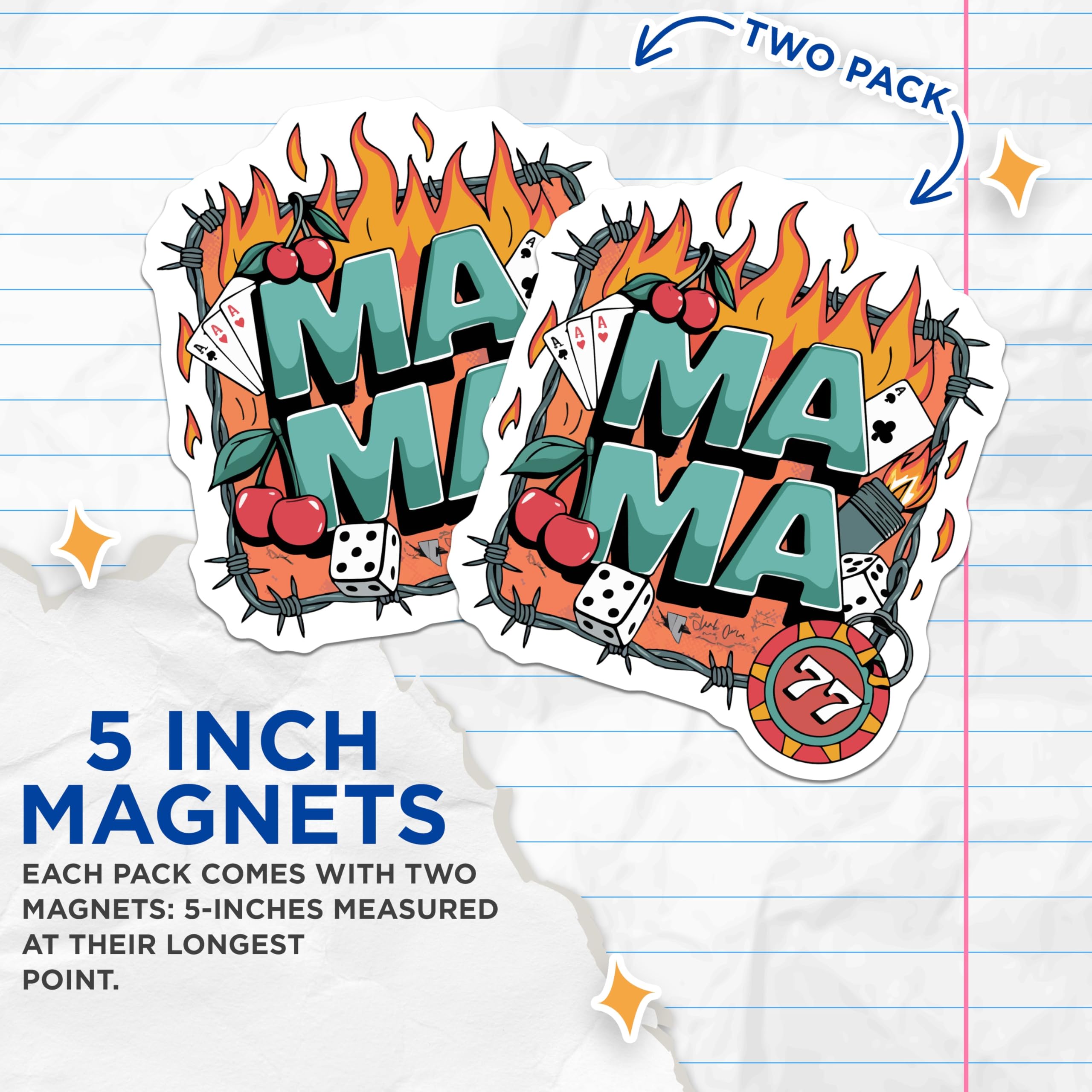 (2 Pack) Mama Flame Magnets - Edgy Barbed Wire - Retro Dice Cherries - Lucky 77 Casino Theme - Rockabilly Style Kitchen Decor - 5 Inches On Longest Side - Thick Durable Magnet - Made in USA - MAG21368