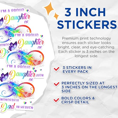 (3 Pack) Proud Daughter Decals - Rainbow Dad in Heaven - Butterfly Memorial Decal - 3 Inches On Longest Side - Easy Peel & Apply - Made in USA - 3MCS1428