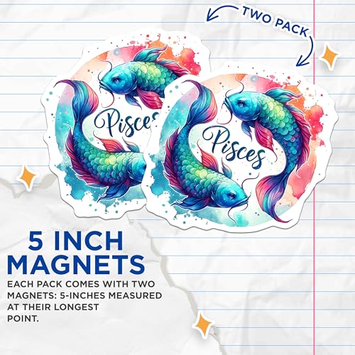 (2 Pack) Pisces Magnets - Zodiac Sign Decor - Astrology Art - Horoscope Magnets - Fish Theme Magnets - Celestial Decor - 5" On Longest Side - for Cars, Fridges, Toolboxes - Made in USA - MAG7025