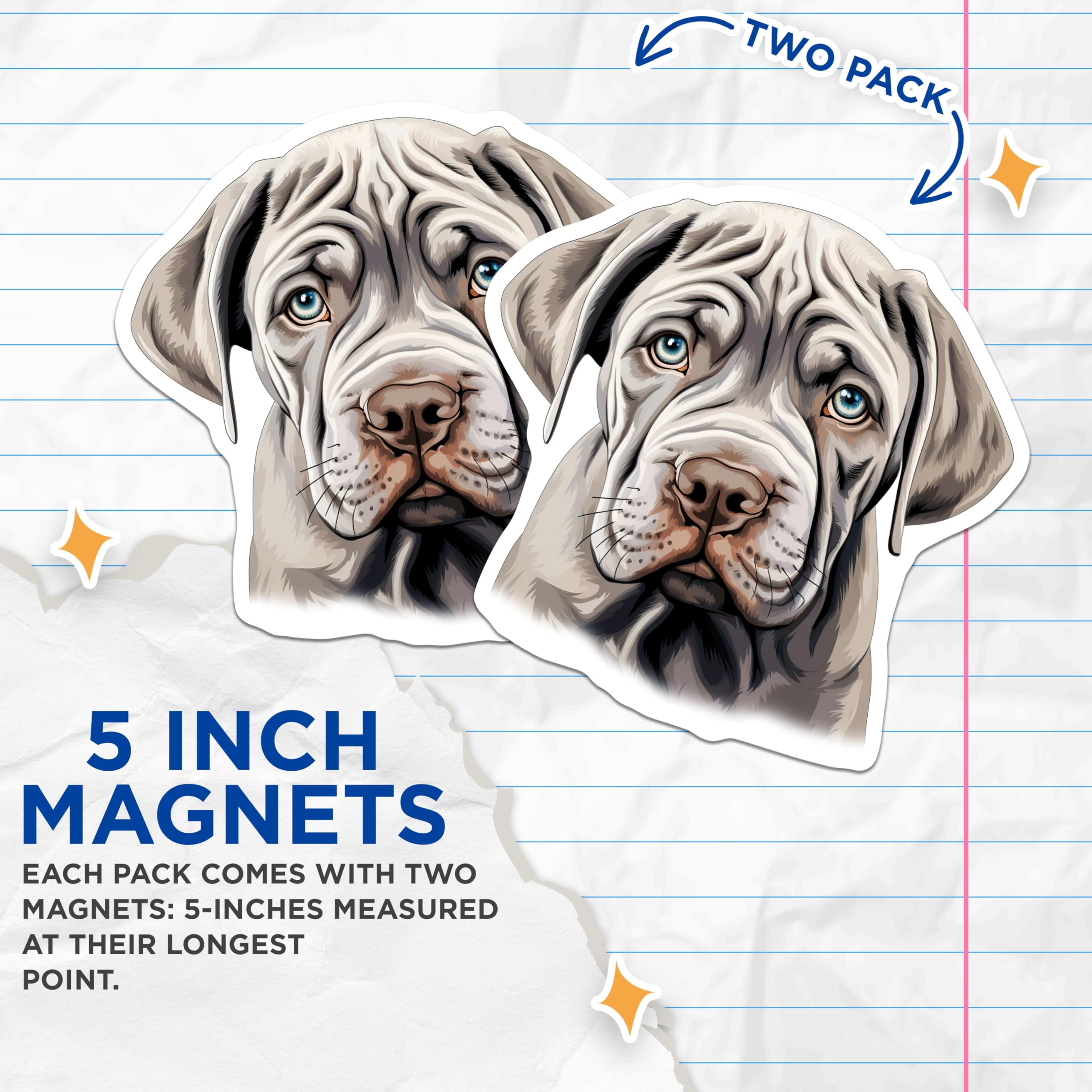 (2 Pack) Mastiff Puppy Magnets - Blue Eyed Dog Art - Wrinkled Canine Decor - 5 Inches On Longest Side - Thick Durable Magnet - Made in USA - MAG23819