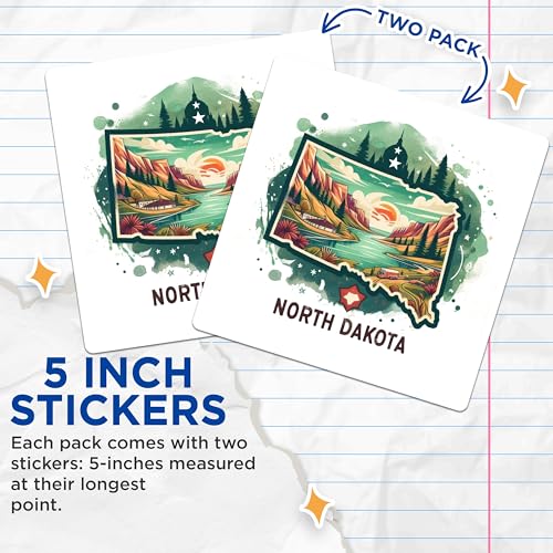 (2 Pack) North Dakota Travel Stickers - State Illustration Stickers - Adventure Decal - 5" On Longest Side - Sticks to Smooth Flat Surfaces - Made in USA - BMCS5224