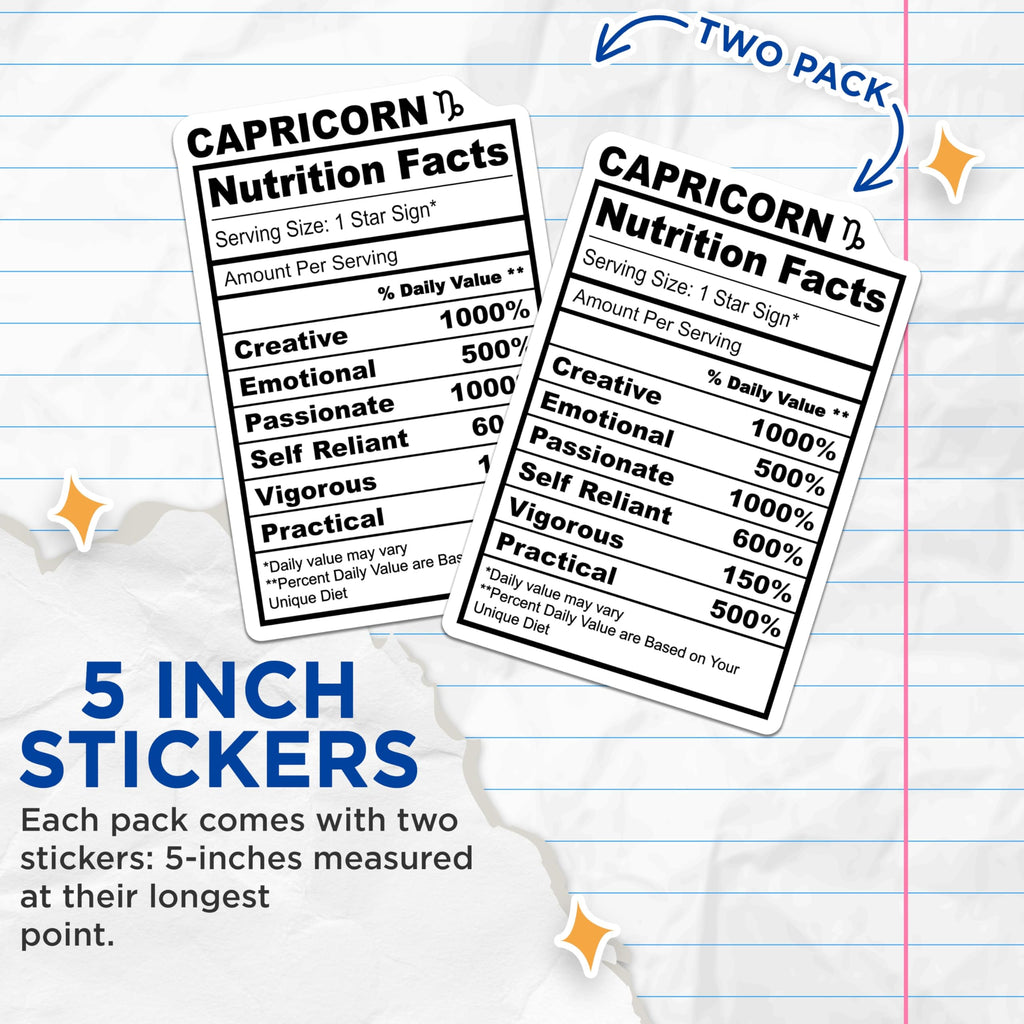(2 Pack) Capricorn Stickers - Nutrition Facts Zodiac - Astrology Star Sign - Horoscope Stickers - 5" On Longest Side - Sticks to Smooth Flat Surfaces - Made in USA - BMCS14701