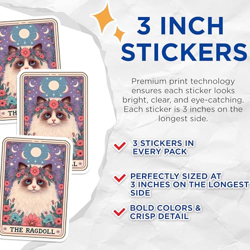 (3 Pack) Ragdoll Cat Decals - Floral Crown Sticker - Celestial Kitty Art - 3 Inches On Longest Side - Easy Peel & Apply - Made in USA - 3MCS4045